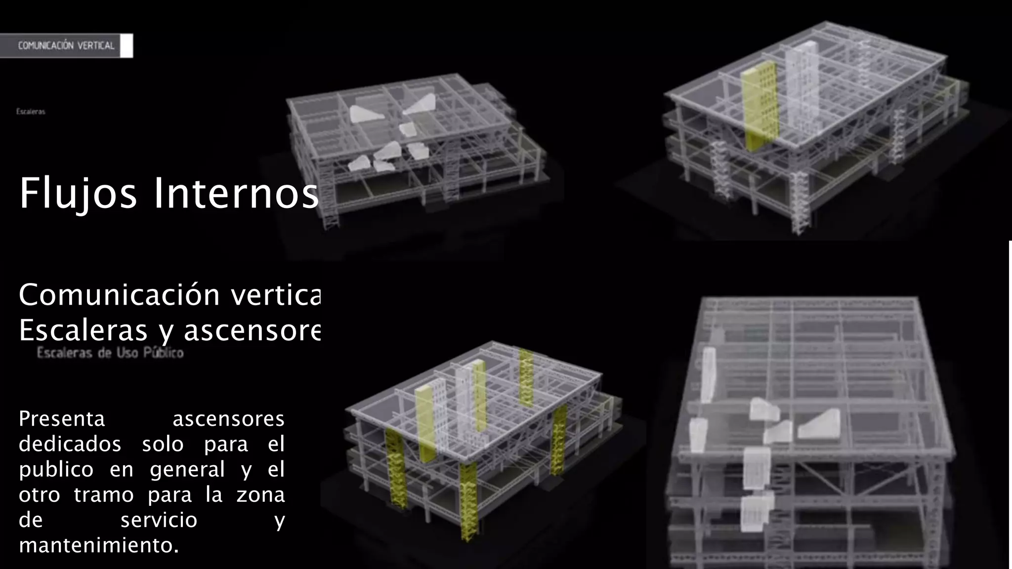 Comunicación vertical
Escaleras y ascensores
Presenta ascensores
dedicados solo para el
publico en general y el
otro tramo para la zona
de servicio y
mantenimiento.
Flujos Internos
 