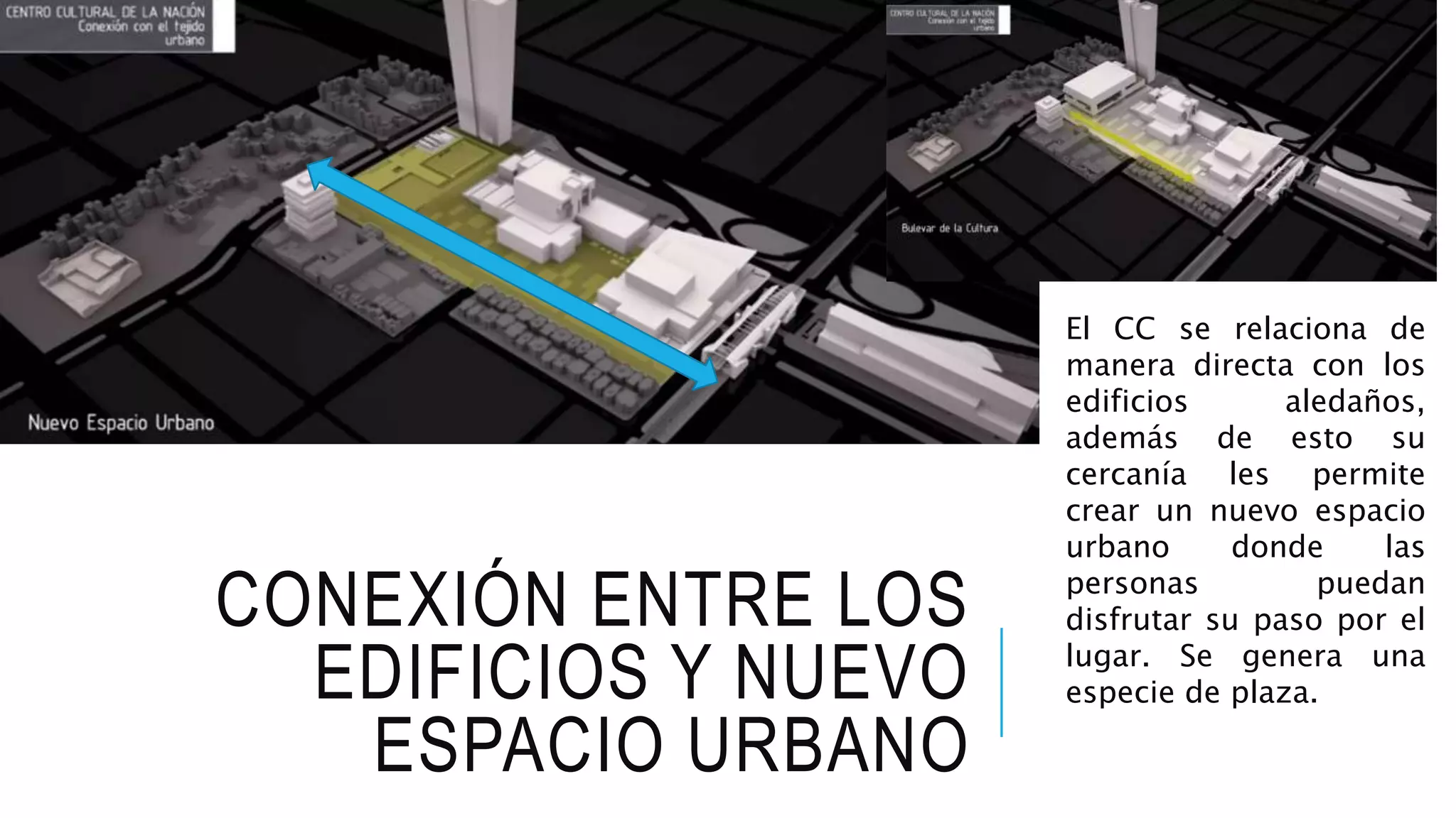 CONEXIÓN ENTRE LOS
EDIFICIOS Y NUEVO
ESPACIO URBANO
El CC se relaciona de
manera directa con los
edificios aledaños,
además de esto su
cercanía les permite
crear un nuevo espacio
urbano donde las
personas puedan
disfrutar su paso por el
lugar. Se genera una
especie de plaza.
 