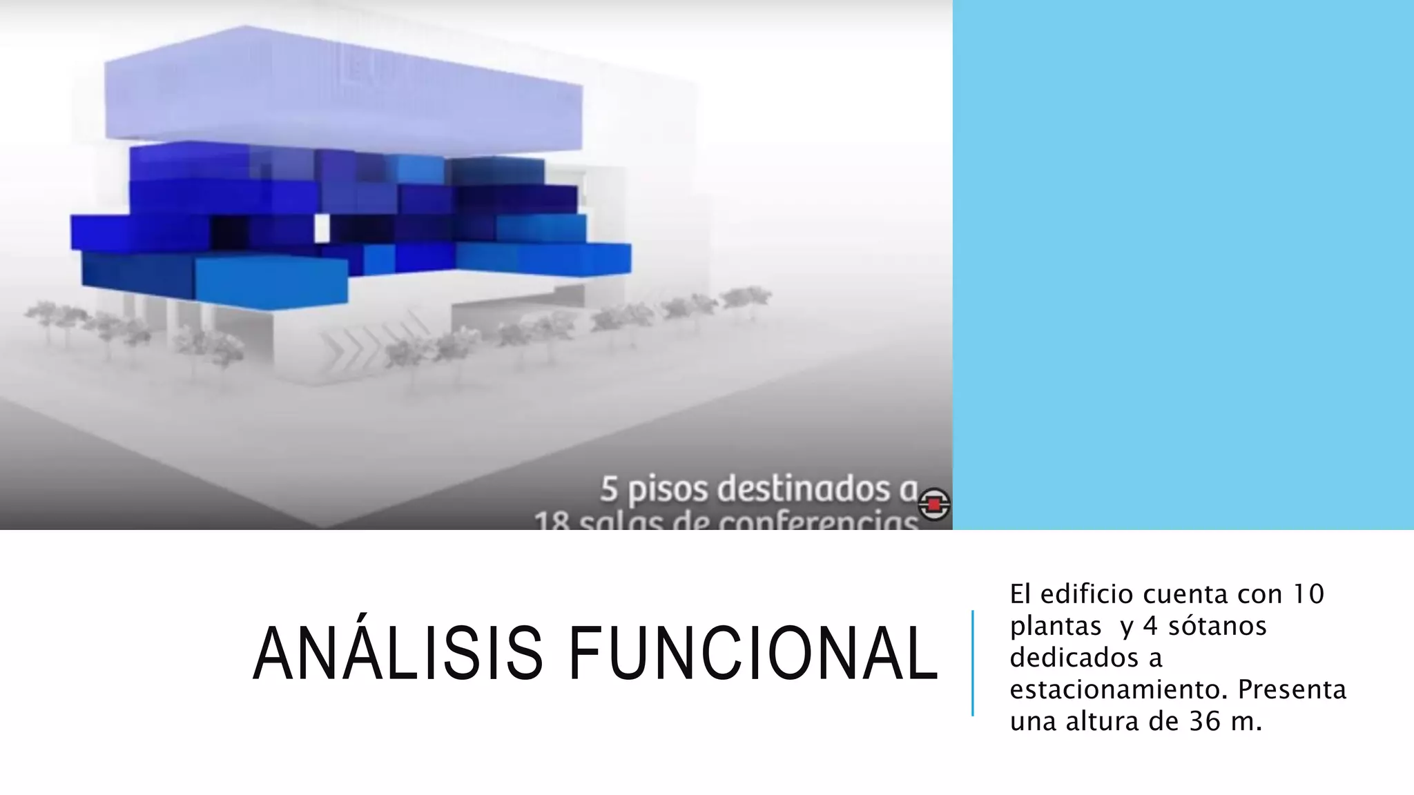 ANÁLISIS FUNCIONAL
El edificio cuenta con 10
plantas y 4 sótanos
dedicados a
estacionamiento. Presenta
una altura de 36 m.
 