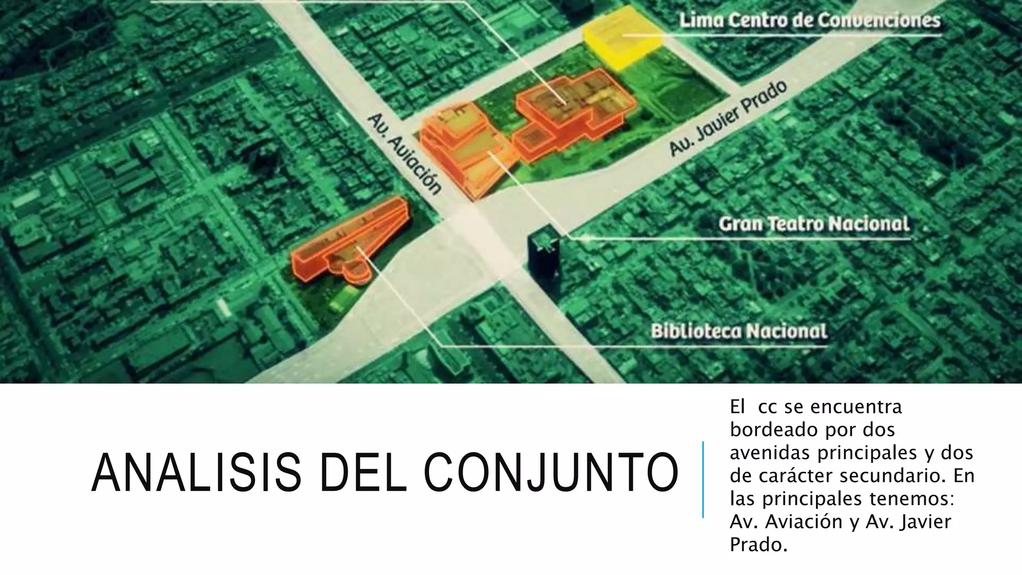 ANALISIS DEL CONJUNTO
El cc se encuentra
bordeado por dos
avenidas principales y dos
de carácter secundario. En
las principales tenemos:
Av. Aviación y Av. Javier
Prado.
 