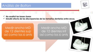 Análisis de Bolton
 No analizó las bases óseas
 Estudió efecto de las discrepancias de los tamaños dentarios entre arcos.
 
