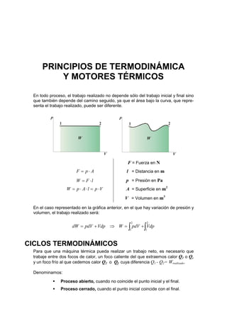 PRINCIPIOS DE TERMODINÁMICA
Y MOTORES TÉRMICOS
En todo proceso, el trabajo realizado no depende sólo del trabajo inicial y final sino
que también depende del camino seguido, ya que el área bajo la curva, que repre-
senta el trabajo realizado, puede ser diferente.
V
p
1 2
W
V
p
1 2
W
F = Fuerza en N
ApF ⋅= l = Distancia en m
lFW ⋅= p = Presión en Pa
VplApW ⋅=⋅⋅= A = Superficie en m2
V = Volumen en m3
En el caso representado en la gráfica anterior, en el que hay variación de presión y
volumen, el trabajo realizado será:
∫∫ +=⇒+=
2
1
2
1
VdppdVWVdppdVdW
CICLOS TERMODINÁMICOS
Para que una máquina térmica pueda realizar un trabajo neto, es necesario que
trabaje entre dos focos de calor, un foco caliente del que extraemos calor Q1 o Qc
y un foco frío al que cedemos calor Q2 o Qf cuya diferencia Q1 - Q2= Wrealizado.
Denominamos:
! Proceso abierto, cuando no coincide el punto inicial y el final.
! Proceso cerrado, cuando el punto inicial coincide con el final.
 