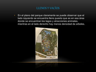 LLENOS Y VACÍOS
• En el plano del parque claramente se puede observar que el
lado izquierdo se encuentra lleno puesto que es en esa área
donde se encuentran los lagos y atracciones animales,
mientras en el lado derecho hay menos densidad de arboles.
 