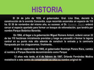 HISTORIA
El 24 de julio de 1939, el gobernador, Gral. Lino Díaz, decretó la
construcción de la avenida Concordia, cuyo recorrido encerraba un espacio de 110
ha. El 30 de noviembre del mismo año, su sucesor, el Dr. Honorio Sígala ordenó
cercar el espacio apartado para formar un bosque de reforestación, que tendría por
nombre Parque Botánico Bararida.
En 1964, al llegar a la gobernación Miguel Romero Antoni, ordenó cercar 22
de las 110 hectáreas inicialmente previstas y luego se procedió a formar la laguna
central en su punto más alto además de construir la entrada y la caminaría
flanqueada por los chaguaramos; finalmente,
El 20 de septiembre de 1985, el gobernador Domingo Perera Riera, cambia
el nombre al Parque Bararida denominándolo como Parque
12 años más tarde, el 4 de febrero de 1997, Orlando Fernández Medina
restableció a este centro de conservación ex sitúa su nombre original de
 
