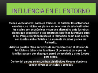 INFLUENCIA EN EL ENTORNO
Planes vacacionales: como es tradición, al finalizar las actividades
escolares, se inician los planes vacacionales de esta institución
los cuales son económicos y son una alternativa ante los otros
planes que desarrollan otras empresas con fines lucrativos pues
el del Parque Bararida busca es la formación de un niño o niña
con ideales ambientalistas. La mascota de estos planes era
Palmerito.
Además prestan otros servicios de recreación como el alquiler de
bicicletas o tetraciclos familiares (4 personas) para que las
familias paseen por el parque, pared de escalada y otros juegos
para niños.
Dentro del parque se encuentran distribuidos kioscos donde se
venden diversos artículos y comidas
 