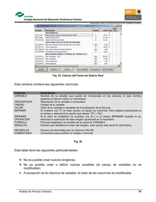ORGANISMO PÚBLICO DESCENTRALIZADO DEL GOBIERNO FEDERAL
Análisis de Precios Unitarios 91
Fig. 35 Cálculo del Factor de Salario Real
Esta ventana contiene las siguientes columnas
Columna Descripción
VARIABLE Nombre de la variable que puede ser involucrada en los cálculos, si este nombre
aparece en blanco indica un comentario.
DESCRIPCIÓN Descripción de la variable o comentario.
UNIDAD Unidad de la variable.
VALOR Valor de la variable o resultado de la evaluación de la fórmula.
IMPRIMIR Si muestra una "X" en este campo, el campo se imprimirá. Para editarlo posiciónese en
el campo y seleccione la opción que desee: "Si" o "No".
IMPRIMIR
OPERACIÓN
Si el valor es verdadero (si muestra una X) y si el campo IMPRIMIR también lo es,
entonces la operación de este renglón aparecerá en la impresión.
FORMULA Fórmula asignada a la variable de la columna VARIABLE
RENGLÓN Número que identifica el orden del renglón, este campo sólo tiene fin informativo.
DECIMALES Número de decimales para la columna VALOR
COMENTARIO Comentario para justificar el renglón o fórmula
Fig. 36
Esta tabla tiene las siguientes particularidades:
No es posible crear nuevos renglones.
No es posible crear o definir nuevas variables (el campo de variables no es
modificable).
A excepción de la columna de variable, el resto de las columnas es modificable.
 
