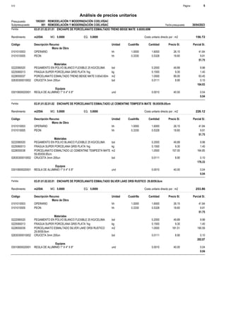Página :
S10 6
1903001
Presupuesto REMODELACIÓN Y MODERNIZACIÓN COELVISAC
Análisis de precios unitarios
Fecha presupuesto 30/04/2023
001
Subpresupuesto REMODELACIÓN Y MODERNIZACIÓN COELVISAC
Partida 03.01.01.02.01.01 ENCHAPE DE PORCELANATO ESMALTADO TREND BEIGE MATE 0.60X0.60M
m2/DIA 5.0000
Rendimiento Costo unitario directo por : m2 156.72
5.0000
EQ.
MO.
Unidad Cuadrilla Cantidad Precio S/.
Código Descripción Recurso Parcial S/.
Mano de Obra
hh
0101010003 1.0000 1.6000 41.84
26.15
OPERARIO
hh
0101010005 0.3330 0.5328 9.91
18.60
PEON
51.75
Materiales
bol
0222080020 0.2000 9.98
49.89
PEGAMENTO EN POLVO BLANCO FLEXIBLE 25 KG/CELIMA
kg
0225060013 0.1500 1.40
9.30
FRAGUA SUPER PORCELANA GRIS PLATA 1kg
m2
0228050037 1.0500 93.45
89.00
PORCELANATO ESMALTADO TREND BEIGE MATE 0.60x0.60m
bol
02630300010002 0.0111 0.10
8.90
CRUCETA 3mm 200un
104.93
Equipos
und
03010600020001 0.0010 0.04
40.00
REGLA DE ALUMINIO 1" X 4" X 8"
0.04
Partida 03.01.01.02.01.02 ENCHAPE DE PORCELANATO ESMALTADO LE CEMENTINE TEMPESTA MATE 59.85X59.85cm
m2/DIA 5.0000
Rendimiento Costo unitario directo por : m2 228.12
5.0000
EQ.
MO.
Unidad Cuadrilla Cantidad Precio S/.
Código Descripción Recurso Parcial S/.
Mano de Obra
hh
0101010003 1.0000 1.6000 41.84
26.15
OPERARIO
hh
0101010005 0.3330 0.5328 9.91
18.60
PEON
51.75
Materiales
bol
0222080020 0.2000 9.98
49.89
PEGAMENTO EN POLVO BLANCO FLEXIBLE 25 KG/CELIMA
kg
0225060013 0.1500 1.40
9.30
FRAGUA SUPER PORCELANA GRIS PLATA 1kg
m2
0228050038 1.0500 164.85
157.00
PORCELANATO ESMALTADO LE CEMENTINE TEMPESTA MATE
59.85X59.85cm
bol
02630300010002 0.0111 0.10
8.90
CRUCETA 3mm 200un
176.33
Equipos
und
03010600020001 0.0010 0.04
40.00
REGLA DE ALUMINIO 1" X 4" X 8"
0.04
Partida 03.01.01.02.02.01 ENCHAPE DE PORCELANATO ESMALTADO SILVER LAKE ORSI RUSTICO 29.8X59.8cm
m2/DIA 5.0000
Rendimiento Costo unitario directo por : m2 253.86
5.0000
EQ.
MO.
Unidad Cuadrilla Cantidad Precio S/.
Código Descripción Recurso Parcial S/.
Mano de Obra
hh
0101010003 1.0000 1.6000 41.84
26.15
OPERARIO
hh
0101010005 0.3330 0.5328 9.91
18.60
PEON
51.75
Materiales
bol
0222080020 0.2000 9.98
49.89
PEGAMENTO EN POLVO BLANCO FLEXIBLE 25 KG/CELIMA
kg
0225060013 0.1500 1.40
9.30
FRAGUA SUPER PORCELANA GRIS PLATA 1kg
m2
0228050039 1.0500 190.59
181.51
PORCELANATO ESMALTADO SILVER LAKE ORSI RUSTICO
29.8X59.8cm
bol
02630300010002 0.0111 0.10
8.90
CRUCETA 3mm 200un
202.07
Equipos
und
03010600020001 0.0010 0.04
40.00
REGLA DE ALUMINIO 1" X 4" X 8"
0.04
 
