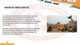 MANO DE OBRA DIRECTA
10
Los costos de mano de obra directa son aquellos
asociados con los trabajadores directamente
involucrados en la producción. Estos costos se
consideran directos porque son fácilmente atribuibles
a la producción y tienen un impacto directo en su
costo total.
Ejemplo: Los salarios y beneficios de los trabajadores
que ensamblan los diferentes componentes del
automóvil, como los técnicos de ensamblaje, los
mecánicos y los electricistas.
 
