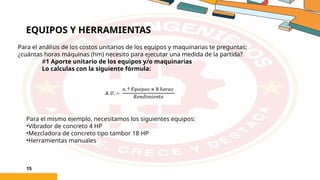 EQUIPOS Y HERRAMIENTAS
15
Para el análisis de los costos unitarios de los equipos y maquinarias te preguntas:
¿cuántas horas máquinas (hm) necesito para ejecutar una medida de la partida?
#1 Aporte unitario de los equipos y/o maquinarias
Lo calculas con la siguiente fórmula:
Para el mismo ejemplo, necesitamos los siguientes equipos:
•Vibrador de concreto 4 HP
•Mezcladora de concreto tipo tambor 18 HP
•Herramientas manuales
 