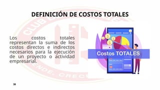 DEFINICIÓN DE COSTOS TOTALES
38
Los costos totales
representan la suma de los
costos directos e indirectos
necesarios para la ejecución
de un proyecto o actividad
empresarial.
 