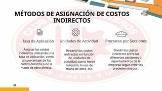 MÉTODOS DE ASIGNACIÓN DE COSTOS
INDIRECTOS
45
Tasa de Aplicación Unidades de Actividad Prorrateo por Secciones
Asignar los costos
indirectos utilizando una
tasa de aplicación, como
un porcentaje de los
costos directos o de la
mano de obra directa.
Repartir los costos
indirectos en función
de unidades de
actividad, como horas
máquina, horas de
mano de obra, etc.
Dividir los costos
indirectos entre las
diferentes secciones o
departamentos de la
empresa según criterios
predeterminados.
 