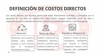 DEFINICIÓN DE COSTOS DIRECTOS
7
Los costos directos son aquellos gastos que están directamente asociados y vinculados con la
ejecución de una obra de construcción. Estos costos incluyen materiales, mano de obra y
equipos/maquinaria utilizados de manera específica y exclusiva para llevar a cabo el proyecto.
Materiale
s
Mano de Obra Equipos y Maquinaria
Elementos como cemento,
ladrillos, acero, madera,
tuberías y otros insumos
que se incorporan
directamente a la obra.
Sueldos y salarios de los
trabajadores, operarios,
técnicos y personal que
realizan las labores en el
sitio de construcción.
Alquiler o compra de grúas,
excavadoras, mezcladores
de concreto y demás
maquinaria necesaria para
ejecutar las actividades
constructivas.
 