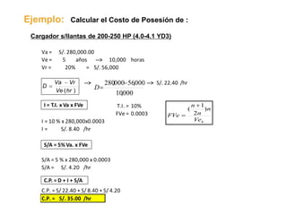 Ejemplo: Calcular el Costo de Posesión de :
Cargador s/llantas de 200-250 HP (4.0-4.1 YD3)
Va =
Ve = 5 -->
Vr = =
--> --> S/. 22.40 /hr
I = /hr
S/A = /hr
C.P. = /hr
C.P. = S/ 22.40 + S/ 8.40 + S/ 4.20
S/. 35.00
horas
T.I. = 10%
FVe = 0.0003
S/. 8.40
I = 10 % x 280,000x0.0003
años 10,000
S/. 280,000.00
S/. 56,00020%
S/A = 5 % x 280,000 x 0.0003
S/. 4.20
000,10
000,56000,280 
D)(hrVe
VrVa
D


I = T.I. x Va x FVe
S/A = 5% Va. x FVe
C.P. = D + I + S/A
hVe
n
n
n
FVe
)
2
1
(


 