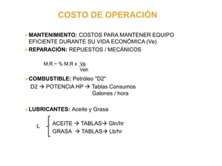 COSTO DE OPERACIÓN
MANTENIMIENTO: COSTOS PARA MANTENER EQUIPO
EFICIENTE DURANTE SU VIDA ECONÓMICA (Ve)
REPARACIÓN: REPUESTOS / MECÁNICOS
M,R ~ % M,R x Va
Veh
COMBUSTIBLE: Petróleo "D2"
D2  POTENCIA HP  Tablas Consumos
Galones / hora
LUBRICANTES: Aceite y Grasa
L ACEITE  TABLAS Gln/hr
GRASA  TABLAS Lb/hr
 