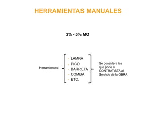 HERRAMIENTAS MANUALES
3% - 5% MO
- LAMPA
- PICO
- BARRETA
- COMBA
- ETC.
Herramientas:
Se considera las
que pone el
CONTRATISTA al
Servicio de la OBRA
 
