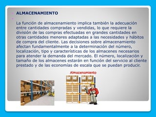  ALMACENAMIENTO

La función de almacenamiento implica también la adecuación
entre cantidades compradas y vendidas, lo que requiere la
división de las compras efectuadas en grandes cantidades en
otras cantidades menores adaptadas a las necesidades y hábitos
de compra del cliente. Las decisiones sobre almacenamiento
afectan fundamentalmente a la determinación del número,
localización, tipo y características de los almacenes necesarios
para atender la demanda del mercado. El número, localización y
tamaño de los almacenes estarán en función del servicio al cliente
prestado y de las economías de escala que se puedan producir.
 