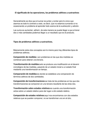 El significado de las operaciones, los problemas aditivos y sustractivos


Generalmente se dice que el sumar es juntar y contar pero lo único que
asemos es todo lo contrario a esto, es decir, que no estamos sumando si no
ocasionando un problema al aprender todo acerca de la sustracción y adición.

Las suma es aumentar, adherir, de esta manera se puede llegar a que al tener
dos o más cantidades podemos llegar a un resultado que es el producto.



Tipos de problemas aditivos y sustractivos.


Básicamente estos dos conceptos son lo mismo pero hay diferentes tipos de
problemas aditivos;

Composición de medidas: son problemas en las que dos medidas se
combinan para obtener una tercera.

Transformación de medidas:solo se produce una modificación en el devenir
cronológico de las medidas, pasando de un estado inicial a un estado final
mediante una transformación en tiempo.

Comparación de medidas:es donde se establece una comparación de
términos aditivos de dos cantidades.

Composición de transformaciones:se trata de los problemas en los que dos
transformaciones se componen en una tercera resultante de las otras dos.

Transformación sobre estados relativos:es cuando una transformación
actúa sobre un estado relativo para dar lugar a otro estado relativo.

Composición de estados relativos:aquí nos encontramos con dos estados
relativos que se pueden componer, no se transforman uno en el otro.
 