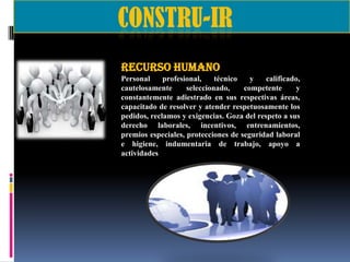 RECURSO HUMANO
Personal
profesional,
técnico
y
calificado,
cautelosamente
seleccionado,
competente
y
constantemente adiestrado en sus respectivas áreas,
capacitado de resolver y atender respetuosamente los
pedidos, reclamos y exigencias. Goza del respeto a sus
derecho laborales, incentivos, entrenamientos,
premios especiales, protecciones de seguridad laboral
e higiene, indumentaria de trabajo, apoyo a
actividades

 