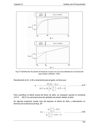 Capítulo IV Análisis de la Productividad
145
Fig 4.15 Distribución de presión de fondo de un pozo con una zona alterada en la cercanía del
pozo (Golan y Whitson, 1991).
Reordenando la Ec. 4.46 y resolviendo para el gasto, se tiene que:
Para cuantificar el efecto actual del factor de daño, es necesario calcular la constante
(141.2 μ
En algunas ocasiones resulta más útil expresar el efecto de daño y estimulación en
términos de la eficiencia de flujo, EF.
/kh) S, la cual proporciona las pérdidas de presión debido al daño.






+





=
S0.75-
r
r
lnBμ141.2
)p-(phk
q
w
e
oo
wfy
o
S0.75-
r
r
ln
0.75-
r
r
ln
E.F.
w
e
w
e
+











=
…………………...4.47
……………...………...4.48
 