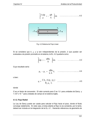 Capítulo IV Análisis de la Productividad
121
Fig. 4.2 Sistema de Flujo Lineal
Si se considera que k, µ, y q son independientes de la presión, ó que puedan ser
evaluadas a la presión promedio en el sistema, la Ec. 4.2 quedaría como:
Cuyo resultado sería:
o bien:
donde
C es un factor de conversión. El valor correcto para C es 1.0 para unidades de Darcy y
1.127 x 10 - 3
para unidades de campo en el sistema inglés.
4.1.2. Flujo Radial
La Ley de Darcy puede ser usada para calcular el flujo hacia el pozo, donde el fluido
converge radialmente. En este caso, el área abierta al flujo no es constante, por lo tanto,
deberá ser incluida en la integración de la Ec. 4.1. Haciendo referencia a la geometría de
∫∫ =
L
0
P
P
dx
A
qBμ
-dp
2
1
……………………...…………4.3
L
Ak
qBμ
p-p 12 = …………………………..….…4.4
LμB
)p-(pAkC
q
oo
21o
= …………………………...…….4.5
∫∫ =
L
0
P
P
dx
A
qB
-
μ
dpk2
1
……………………………..4.2
 