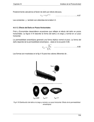 Capítulo IV Análisis de la Productividad
154
Posteriormente calculamos el factor de daño por efecto del pozo,
Las constantes y también son obtenidas de la tabla 4.3.
4.4.1.3. Efecto del Daño en Pozos Horizontales
Frick y Economides desarrollaron ecuaciones que reflejan el efecto del daño en pozos
horizontales. La figura 4.19 describe la forma del daño a lo largo y normal en un pozo
horizontal.
La permeabilidad anisotrópica generará una forma elíptica normal al pozo. La forma del
daño depende de la permeabilidad anisotrópica , dada en la ecuación 4.68.
Las formas son mostradas en la fig 4.19 para tres valores diferentes de .
Fig 4.19 Distribución del daño a lo largo y normal a un pozo horizontal. Efecto de la permeabilidad
anisotrópica
wDrc
wb ecs 2
1= …..…………...….…………....4.67
v
H
ani
k
k
I = …..………..……...….…………..4.68
 