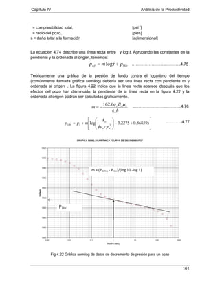 Capítulo IV Análisis de la Productividad
161
= compresibilidad total, [psi-1
]
s = daño total a la formación [adimensional]
= radio del pozo, [pies]
La ecuación 4.74 describe una línea recta entre y log t. Agrupando las constantes en la
pendiente y la ordenada al origen, tenemos:
Teóricamente una gráfica de la presión de fondo contra el logaritmo del tiempo
(comúnmente llamada gráfica semilog) debería ser una línea recta con pendiente m y
ordenada al origen . La figura 4.22 indica que la línea recta aparece después que los
efectos del pozo han disminuido; la pendiente de la línea recta en la figura 4.22 y la
ordenada al origen podrán ser calculadas gráficamente.
Fig 4.22 Gráfica semilog de datos de decremento de presión para un pozo
Hrwf ptmp 1log +=
hk
Bq
m
o
ooo µ6.162
−=








+−






+= s
rc
k
mpp
wto
o
iHr 86859.02275.3log 21
φµ
.........…..4.77
P1Hr
m = (P10hrs - P1hr)/(log 10 -log 1)
……………………...………..4.75
...…………………...………..4.76
 