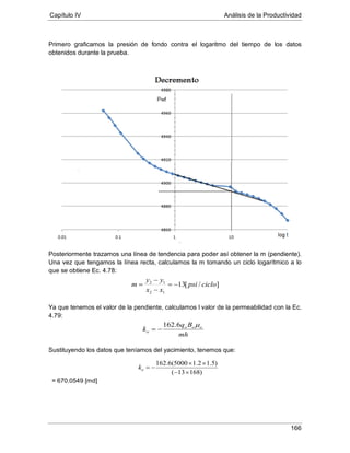 Capítulo IV Análisis de la Productividad
166
Primero graficamos la presión de fondo contra el logaritmo del tiempo de los datos
obtenidos durante la prueba.
Posteriormente trazamos una línea de tendencia para poder así obtener la m (pendiente).
Una vez que tengamos la línea recta, calculamos la m tomando un ciclo logarítmico a lo
que se obtiene Ec. 4.78:
Ya que tenemos el valor de la pendiente, calculamos l valor de la permeabilidad con la Ec.
4.79:
Sustituyendo los datos que teníamos del yacimiento, tenemos que:
= 670.0549 [md]
]/[13
12
12
ciclopsi
xx
yy
m −=
−
−
=
mh
Bq
k ooo
o
µ6.162
−=
)16813(
)5.12.15000(6.162
×−
××
−=ok
 