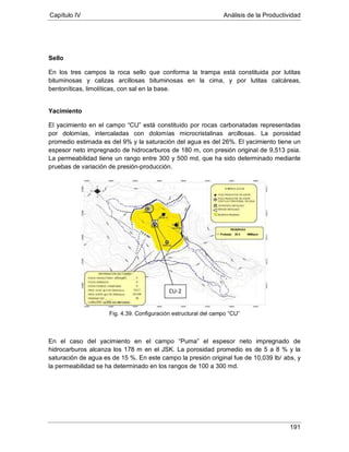 Capítulo IV Análisis de la Productividad
191
Sello
En los tres campos la roca sello que conforma la trampa está constituida por lutitas
bituminosas y calizas arcillosas bituminosas en la cima, y por lutitas calcáreas,
bentoníticas, limolíticas, con sal en la base.
Yacimiento
El yacimiento en el campo “CU” está constituido por rocas carbonatadas representadas
por dolomías, intercaladas con dolomías microcristalinas arcillosas. La porosidad
promedio estimada es del 9% y la saturación del agua es del 26%. El yacimiento tiene un
espesor neto impregnado de hidrocarburos de 180 m, con presión original de 9,513 psia.
La permeabilidad tiene un rango entre 300 y 500 md, que ha sido determinado mediante
pruebas de variación de presión-producción.
Fig. 4.39. Configuración estructural del campo “CU”
En el caso del yacimiento en el campo “Puma” el espesor neto impregnado de
hidrocarburos alcanza los 178 m en el JSK. La porosidad promedio es de 5 a 8 % y la
saturación de agua es de 15 %. En este campo la presión original fue de 10,039 lb/ abs, y
la permeabilidad se ha determinado en los rangos de 100 a 300 md.
CU-2
 