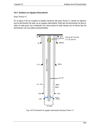 Capítulo IV Análisis de la Productividad
193
4.8.1. Análisis con Agujero Descubierto
Pozo “Puma-11”
En la figura 4.42 se muestra el estado mecánico del pozo Puma-11, donde se observa
que la terminación de este, es en agujero descubierto. Este tipo de terminación se llevó a
cabo en este pozo, por correlación con otros pozos en este campo con el mismo tipo de
terminación con muy altas productividades.
Fig. 4.42 Terminación en agujero descubierto del pozo Puma–11
Aguaconinhibidor
Valvula de Tormenta
3 ½” @ 120 mts
 
