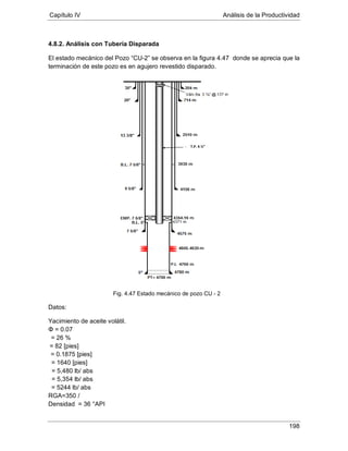 Capítulo IV Análisis de la Productividad
198
4.8.2. Análisis con Tubería Disparada
El estado mecánico del Pozo “CU-2” se observa en la figura 4.47 donde se aprecia que la
terminación de este pozo es en agujero revestido disparado.
Fig. 4.47 Estado mecánico de pozo CU - 2
Datos:
Yacimiento de aceite volátil.
Φ = 0.07
= 26 %
= 82 [pies]
= 0.1875 [pies]
= 1640 [pies]
= 5,480 lb/ abs
= 5,354 lb/ abs
= 5244 lb/
RGA=350
abs
/
Densidad = 36 °API
T.P. 4 ½”
 