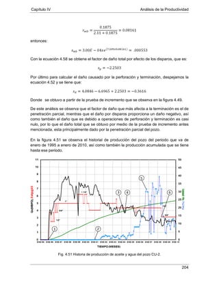 Capítulo IV Análisis de la Productividad
204
entonces:
Con la ecuación 4.58 se obtiene el factor de daño total por efecto de los disparos, que es:
Por último para calcular el daño causado por la perforación y terminación, despejamos la
ecuación 4.52 y se tiene que:
Donde
De este análisis se observa que el factor de daño que más afecta a la terminación es el de
penetración parcial, mientras que el daño por disparos proporciona un daño negativo, así
como también el daño que es debido a operaciones de perforación y terminación es casi
nulo, por lo que el daño total que se obtuvo por medio de la prueba de incremento antes
mencionada, esta principalmente dado por la penetración parcial del pozo.
se obtuvo a partir de la prueba de incremento que se observa en la figura 4.49.
En la figura 4.51 se observa el historial de producción del pozo del periodo que va de
enero de 1995 a enero de 2010, así como también la producción acumulada que se tiene
hasta ese periodo.
Fig. 4.51 Historia de producción de aceite y agua del pozo CU-2.
1 2
3 4
5
6
 