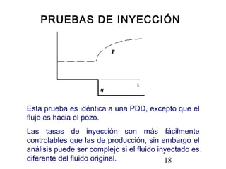 18
Esta prueba es idéntica a una PDD, excepto que el
flujo es hacia el pozo.
Las tasas de inyección son más fácilmente
controlables que las de producción, sin embargo el
análisis puede ser complejo si el fluido inyectado es
diferente del fluido original.
PRUEBAS DE INYECCIÓN
 