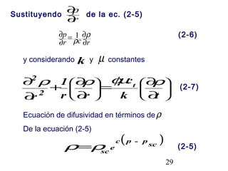29
y considerando y constantes
Ecuación de difusividad en términos de
De la ecuación (2-5)
k µ
( )sc
p-pc
e
sc
ρρ=
(2-7)
















∂
∂
=
∂
∂
+
∂
∂
tk
c
rr
1
r
t
2
2
ρφµρρ
Sustituyendo
r
p
∂
∂ de la ec. (2-5)
rcr
p
∂
∂=
∂
∂ ρ
ρ
1
(2-5)
(2-6)
ρ
 