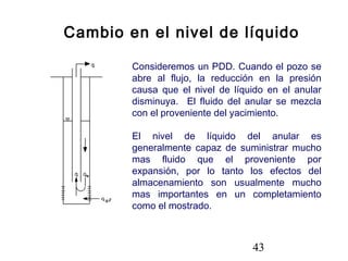 43
Cambio en el nivel de líquido
Consideremos un PDD. Cuando el pozo se
abre al flujo, la reducción en la presión
causa que el nivel de líquido en el anular
disminuya. El fluido del anular se mezcla
con el proveniente del yacimiento.
El nivel de líquido del anular es
generalmente capaz de suministrar mucho
mas fluido que el proveniente por
expansión, por lo tanto los efectos del
almacenamiento son usualmente mucho
mas importantes en un completamiento
como el mostrado.
 