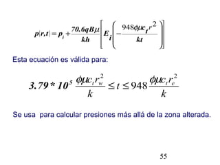 55
Esta ecuación es válida para:
( )




















−+=
kt
t
c
i
E
kh
70.6qB
ptr,p i
2948 rφµµ
k
rc
t
k
rc etwt
22
948
φµφµ
≤≤5
10*3.79
Se usa para calcular presiones más allá de la zona alterada.
 