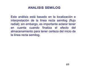 69
Este análisis está basado en la localización e
interpretación de la línea recta semilog (flujo
radial); sin embargo, es importante aclarar tener
en cuenta cuando finaliza el efecto del
almacenamiento para tener certeza del inicio de
la línea recta semilog.
ANALISIS SEMILOG
 
