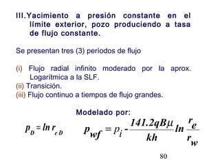 80
III.Yacimiento a presión constante en el
límite exterior, pozo produciendo a tasa
de flujo constante.
Se presentan tres (3) períodos de flujo
(i) Flujo radial infinito moderado por la aprox.
Logarítmica a la SLF.
(ii) Transición.
(iii) Flujo continuo a tiempos de flujo grandes.
Modelado por:
DeD
rlnp =
wr
er
ln
kh
141.2qB
-
wf
p
µ
ip=
 