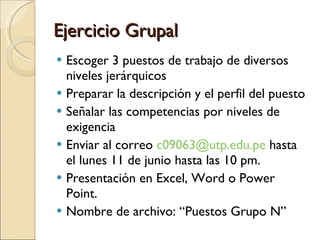 Ejercicio Grupal Escoger 3 puestos de trabajo de diversos niveles jerárquicos Preparar la descripción y el perfil del puesto Señalar las competencias por niveles de exigencia Enviar al correo  [email_address]  hasta el lunes 11 de junio hasta las 10 pm.  Presentación en Excel, Word o Power Point. Nombre de archivo: “Puestos Grupo N” 