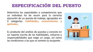 ESPECIFICACIÓN DEL PUESTO
Determina las capacidades o competencias que
un individuo ha de reunir para la correcta
ejecución de un puesto de trabajo, agrupadas en
3 categorías: habilidades, conocimientos y
aptitudes.
Es producto del análisis de puestos y consiste en
un reporte escrito de las habilidades, esfuerzo y
responsabilidades que exige un cargo, así como
las condiciones a las que se somete su ocupante.
 
