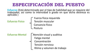 ESPECIFICACIÓN DEL PUESTO
Esfuerzo (Está determinado por el tipo de habilidad que se requiere del
trabajador, así como la intensidad o grado en que dicha destreza es
aplicada )
Fuerza física requerida
Esfuerzo Físico Tensión muscular
Cansancio físico
Postura
Esfuerzo Mental Atención visual y auditiva
Fatiga mental
Concentración
Tensión nerviosa
Ritmo y volumen de trabajo
 