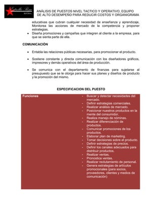 ANÁLISIS DE PUESTOS NIVEL TACTICO Y OPERATIVO, EQUIPO 
DE ALTO DESEMPEÑO PARA REDUCIR COSTOS Y ORGANIGRAMA 
educativas que cubran cualquier necesidad de enseñanza y aprendizaje, 
Monitorea las acciones de mercado de la competencia y proponer 
estrategias. 
 Diseña promociones y campañas que integren al cliente a la empresa, para 
que se sienta parte de ella. 
COMUNICACIÓN 
 Entabla las relaciones públicas necesarias, para promocionar el producto. 
 Sostiene constante y directa comunicación con los diseñadores gráficos, 
impresores y demás operativos del área de producción. 
 Se comunica con el departamento de finanzas para sujetarse al 
presupuesto que se le otorga para hacer sus planes y diseños de producto 
y la promoción del mismo. 
ESPECIFICACION DEL PUESTO 
Funciones - Buscar y detectar necesidades del 
mercado. 
- Definir estrategias comerciales. 
- Realizar análisis de mercado. 
- Posicionar nuestros productos en la 
mente del consumidor. 
- Realiza manejo de nóminas. 
- Realizar diferenciación de 
productos. 
- Comunicar promociones de los 
productos. 
- Elaborar plan de marketing. 
- Tomar decisiones sobre el producto. 
- Definir estrategias de precios. 
- Definir los canales adecuados para 
distribuir productos. 
- Realizar ventas. 
- Pronostica ventas. 
- Realizar reclutamiento de personal. 
- Genera estrategias de artículos 
promocionales (para socios, 
proveedores, clientes y medios de 
comunicación) 
 