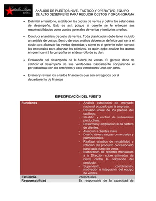 ANÁLISIS DE PUESTOS NIVEL TACTICO Y OPERATIVO, EQUIPO 
DE ALTO DESEMPEÑO PARA REDUCIR COSTOS Y ORGANIGRAMA 
 Delimitar el territorio, establecer las cuotas de ventas y definir los estándares 
de desempeño. Esto es así, porque al gerente se le entregan sus 
responsabilidades como cuotas generales de ventas y territorios amplios. 
 Conducir el análisis de costo de ventas. Toda planificación debe tener incluido 
un análisis de costos. Dentro de esos análisis debe estar definida cual sería el 
costo para alcanzar las ventas deseadas y como es el gerente quien conoce 
las estrategias para alcanzar los objetivos, es quien debe analizar los gastos 
en que incurrirá la compañía en el desarrollo de su plan. 
 Evaluación del desempeño de la fuerza de ventas. El gerente debe de 
calificar el desempeño de sus vendedores básicamente comparando el 
período actual con los anteriores y a los vendedores unos con otros. 
 Evaluar y revisar los estados financieros que son entregados por el 
departamento de finanzas 
ESPECIFICACIÓN DEL PUESTO 
Funciones - Análisis estadístico del mercado 
nacional ocupado por la empresa. 
- Revisión anual de los precios del 
catálogo. 
- Gestión y control de indicadores 
productivos. 
- Desarrollo y ampliación de la cartera 
de clientes. 
- Atención a clientes clave 
- Diseño de estrategias comerciales y 
promocionales. 
- Realizar estudios de rentabilidad y 
rotación del producto concesionado 
para cada punto de venta. 
- Elaboración de reportes mensuales 
a la Dirección sobre estimados de 
cierre contra la colocación del 
producto. 
- Supervisión, coordinación, 
motivación e integración del equipo 
de ventas. 
Esfuerzos Intelectuales. 
Responsabilidad Es responsable de la capacidad de 
 