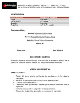 ANÁLISIS DE PUESTOS NIVEL TACTICO Y OPERATIVO, EQUIPO 
DE ALTO DESEMPEÑO PARA REDUCIR COSTOS Y ORGANIGRAMA 
IDENTIFICACIÓN 
Título del puesto Operario de Impresión 
Clave P-POI9607 
Departamento Producción 
Sección Impresión 
Reporta a Jefe de Producción 
Fecha de análisis: 
Preparó: Miranda Guzmán Daniel 
Revisó: García Hernández Carolina Rocío 
Autorizó: Morga Velasco Kassandra 
Firmas de: 
Supervisor Rep. Sindical 
DESCRIPCIÓN GENÉRICA 
El trabajo consiente en la operación de la máquina de impresión velando por la 
calidad de los libros, revistas, folletos, etc., según las órdenes del trabajo. 
DESCRIPCIÓN ESPECÍFICA 
TAREAS DIARIAS: 
 Recibir del turno anterior verificando las condiciones de la máquina 
impresora. 
 Mantener el aseo la máquina impresora y del área de trabajo. 
 Operar la máquina impresora. 
 Ordenar las tintas que se van a emplear y que sean las suficientes para la 
impresión. 
 Mantener los respectivos recipientes llenos de solventes. 
 Recoger los desperdicios generados en el proceso de impresión. 
 