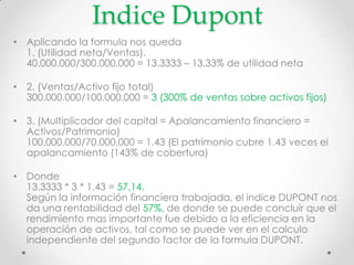Indice Dupont
• Aplicando la formula nos queda
  1. (Utilidad neta/Ventas).
  40.000.000/300.000.000 = 13.3333 – 13.33% de...