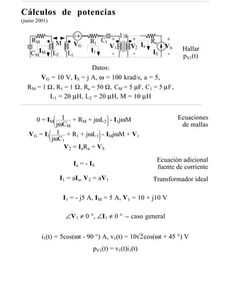 Cálculos de potencias
(junio 2001)

                                            1:a
    RM          M           VG   R1 C1 +          +     Ra    +
                                       V1         V2 Ia       VS    Hallar
    CMIM       L2      L1        I1     -         -      IS    -    pV1(t)
                         Datos:
      V G = 10 V, IS = j A, ω = 100 krad/s, a = 5,
  RM = 1 Ω, R1 = 1 Ω, Ra = 50 Ω, CM = 5 µF, C1 = 5 µF,
         L1 = 20 µH, L2 = 20 µH, M = 10 µH


       0 = IM  1 + RM + jωL2 - I1jωM                               Ecuaciones
             jωCM                                                   de mallas
   V G = I1 1 + R1 + jωL1 - IMjωM + V1
           jωC1
                V 2 = I aR a + V S
                                                          Ecuación adicional
                         Ia = - IS
                                                          fuente de corriente
                    I1 = aIa, V 2 = aV 1                 Transformador ideal

                     I1 = - j5 A, IM = 5 A, V1 = 10 + j10 V

                      ∠V1 ≠ 0 °, ∠I1 ≠ 0 ° → caso general


         i1(t) = 5cos(ωt - 90 °) A, v1(t) = 10 2cos(ωt + 45 °) V
                                 pV1(t) = v1(t)i1(t)
 