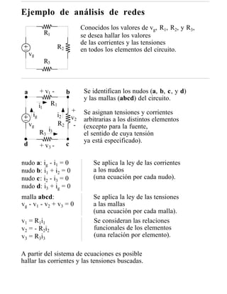 Ejemplo de análisis de redes
                                        Conocidos los valores de vg, R1, R2, y R3,
                R1                      se desea hallar los valores
                                        de las corrientes y las tensiones
                          R2            en todos los elementos del circuito.
     vg
                R3



 a         + v1 -              b         Se identifican los nudos (a, b, c, y d)
                                         y las mallas (abcd) del circuito.
           i1        R1
                                   +     Se asignan tensiones y corrientes
      ig                  i2       v2    arbitrarias a los distintos elementos
     vg                   R2        -    (excepto para la fuente,
           R3 i3                         el sentido de cuya tensión
                                         ya está especificado).
 d         + v3 -              c

nudo a: ig - i1 = 0                         Se aplica la ley de las corrientes
nudo b: i1 + i2 = 0                         a los nudos
nudo c: i2 - i3 = 0                         (una ecuación por cada nudo).
nudo d: i3 + ig = 0
malla abcd:                                 Se aplica la ley de las tensiones
vg - v1 - v2 + v3 = 0                       a las mallas
                                            (una ecuación por cada malla).
v1 = R1i1                                   Se consideran las relaciones
v2 = - R2i2                                 funcionales de los elementos
v3 = R3i3                                   (una relación por elemento).

A partir del sistema de ecuaciones es posible
hallar las corrientes y las tensiones buscadas.
 