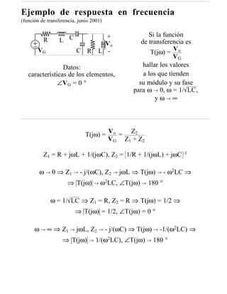 Ejemplo de respuesta en frecuencia
(función de transferencia, junio 2001)


                                      +                 Si la función
          R       L C                                de transferencia es
                                      Vo
       VG                 C R       L -                  T(jω) = V o
                                                                  VG
                 Datos:                               hallar los valores
   características de los elementos,                  a los que tienden
               ∠V G = 0 °                           su módulo y su fase
                                                  para ω → 0, ω = 1/ LC,
                                                           yω→∞




                              T(jω) = V o = Z2
                                      V G Z 1 + Z2

          Z1 = R + jωL + 1/(jωC), Z2 = 1/R + 1/(jωL) + jωC -1

        ω → 0 ⇒ Z1 → - j/(ωC), Z2 → jωL ⇒ T(jω) → - ω2LC ⇒
                     ⇒ T(jω)        →   ω2LC, ∠T(jω) → 180 °

              ω = 1/ LC ⇒ Z1 = R, Z2 = R ⇒ T(jω) = 1/2 ⇒
                         ⇒ T(jω) = 1/2, ∠T(jω) = 0 °

      ω → ∞ ⇒ Z1 → jωL, Z2 → - j/(ωC) ⇒ T(jω) → -1/(ω2LC) ⇒
                   ⇒ T(jω)      →   1/(ω2LC), ∠T(jω) → 180 °
 