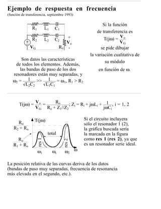 Ejemplo de respuesta en frecuencia
(función de transferencia, septiembre 1993)

                                                              Si la función
                R1           L1    C1
                                                           de transferencia es
                R2           L2    C2          +               T(jω) = V o
                                               Vo                      VG
              VG                       Ro       -            se pide dibujar
                                                       la variación cualitativa de
       Son datos las características                           su módulo
    de todos los elementos. Además,
      las bandas de paso de los dos                        en función de ω.
   resonadores están muy separadas, y
   ω2 = 1 >> 1 = ω1, R1 > R2
         L2C2       L1C1



       T(jω) = V o =   Ro      ; Zi = Ri + jωLi + 1 , i = 1, 2
               V G Ro + Z1//Z2                   jωCi

                 T(jω)                              Si el circuito incluyera
      Ro                                            sólo el resonador 1 (2),
    R2 + Ro                                         la gráfica buscada sería
                              total                 la marcada en la figura
     Ro                                             como res 1 (res 2), ya que
                     res 1




                                            res 2




   R1 + Ro                                          es un resonador serie ideal.
                     ω1           ωc        ω2 ω

La posición relativa de las curvas deriva de los datos
(bandas de paso muy separadas, frecuencia de resonancia
más elevada en el segundo, etc.).
 