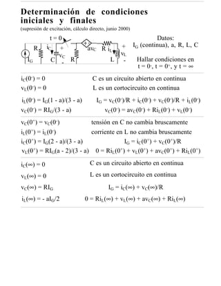 Determinación de condiciones
iniciales y finales
(supresión de excitación, cálculo directo, junio 2000)
              t=0                                                 Datos:
             iC                                  +       IG (continua), a, R, L, C
        R       +                avC R iL
                vC                               vL
   IG         C - R                         L     -       Hallar condiciones en
                                                          t = 0-, t = 0+, y t = ∞
iC(0-) = 0                         C es un circuito abierto en continua
vL(0-) = 0                         L es un cortocircuito en continua
iL(0-) = IG(1 - a)/(3 - a)           IG = vC(0-)/R + iC(0-) + vC(0-)/R + iL(0-)
vC(0-) = RIG/(3 - a)                    vC(0-) = avC(0-) + RiL(0-) + vL(0-)
vC(0+) = vC(0-)            tensión en C no cambia bruscamente
iL(0+) = iL(0-)            corriente en L no cambia bruscamente
iC(0+) = IG(2 - a)/(3 - a)              IG = iC(0+) + vC(0+)/R
vL(0+) = RIG(a - 2)/(3 - a) 0 = RiL(0+) + vL(0+) + avC(0+) + RiL(0+)

iC(∞) = 0                         C es un circuito abierto en continua

vL(∞) = 0                         L es un cortocircuito en continua
vC(∞) = RIG                                IG = iC(∞) + vC(∞)/R
iL(∞) = - aIG/2                0 = RiL(∞) + vL(∞) + avC(∞) + RiL(∞)
 