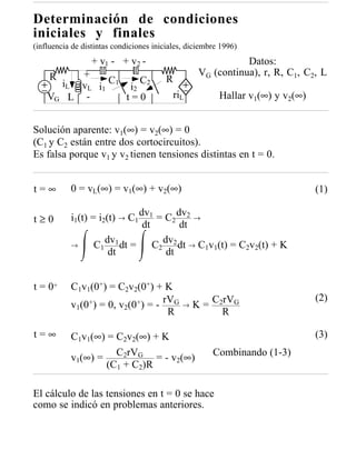 Determinación de condiciones
iniciales y finales
(influencia de distintas condiciones iniciales, diciembre 1996)
                  + v1 - + v2 -                                Datos:
     R   +                                          VG (continua), r, R, C1, C2, L
      iL v L i1 C 1 i2 C 2               R
    VG L -          t=0                      riL         Hallar v1(∞) y v2(∞)


Solución aparente: v1(∞) = v2(∞) = 0
(C1 y C2 están entre dos cortocircuitos).
Es falsa porque v1 y v2 tienen tensiones distintas en t = 0.


t=∞        0 = vL(∞) = v1(∞) + v2(∞)                                            (1)

t≥0        i1(t) = i2(t) → C1 dv1 = C2 dv2 →
                               dt       dt
           →      C1 dv1 dt = C2 dv2 dt → C1v1(t) = C2v2(t) + K
                      dt            dt


t = 0+     C1v1(0+) = C2v2(0+) + K
                                                                                (2)
           v1(0+) = 0, v2(0+) = - rVG          →   K = C2rVG
                                   R                     R

t=∞        C1v1(∞) = C2v2(∞) + K                                                (3)

           v1(∞) = C2rVG = - v2(∞)                     Combinando (1-3)
                   (C1 + C2)R

El cálculo de las tensiones en t = 0 se hace
como se indicó en problemas anteriores.
 